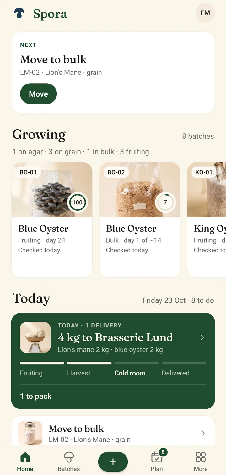 The Spora home screen: the next task is to move batch LM-02 to bulk, eight batches are growing, and today's delivery of 4 kg to a restaurant is covered.