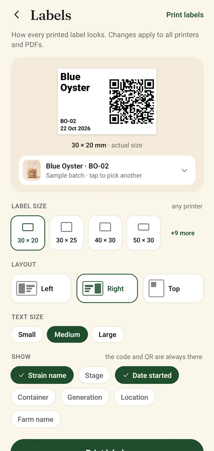 Label settings with a preview of a 30 by 20 millimetre label for blue oyster BO-02, with its QR code.